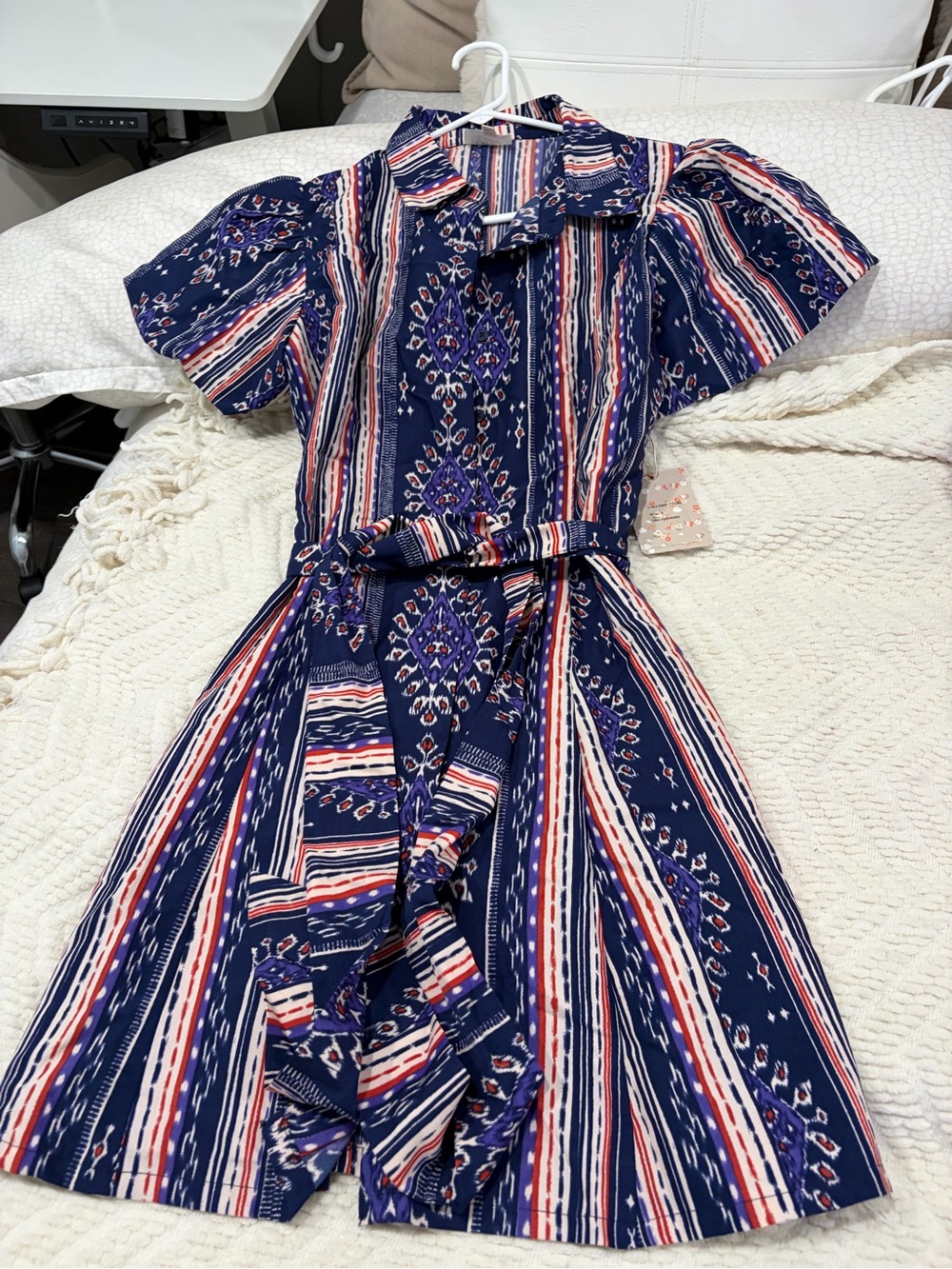 Navy Striped Midi Shirt Dress with Tie Waist